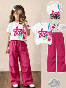 Tween Girl Casual Vacation Daily Commute Floral Print Short Sleeve T-Shirt & Wide Leg Cargo Pants Set - Multicolor - View 1