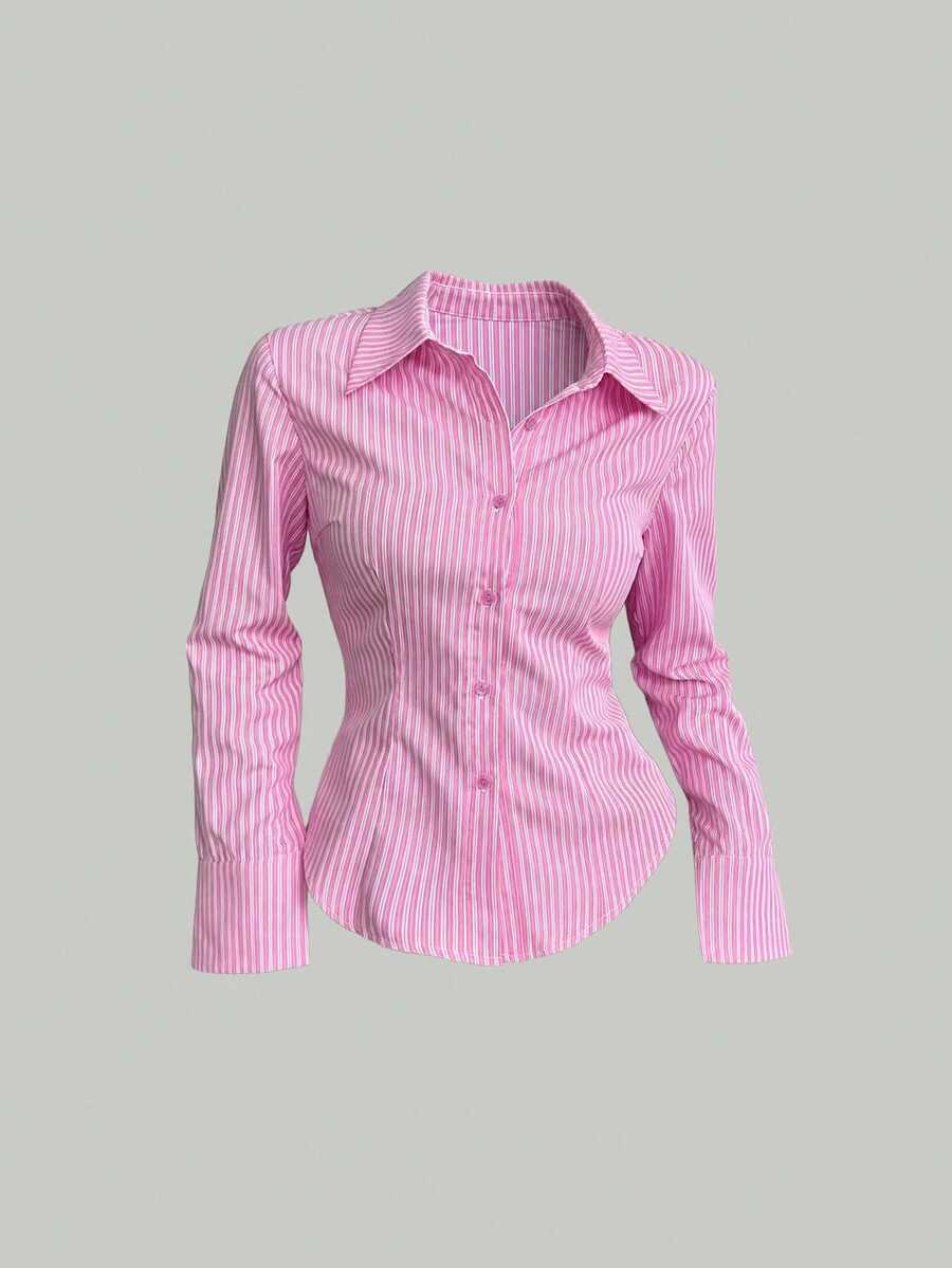 Sweetra Camisa de manga larga unicolor, ajuste delgado, con rayas en la parte delantera, botones y bajo asimétrico - Rosa - Ver 1