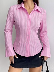 Sweetra Camisa de manga larga unicolor, ajuste delgado, con rayas en la parte delantera, botones y bajo asimétrico - Rosa - Ver 4