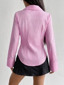 Sweetra Camisa de manga larga unicolor, ajuste delgado, con rayas en la parte delantera, botones y bajo asimétrico - Rosa - Ver 2