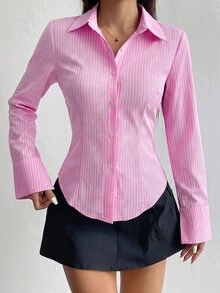 Sweetra Camisa de manga larga unicolor, ajuste delgado, con rayas en la parte delantera, botones y bajo asimétrico - Rosa - Ver 3