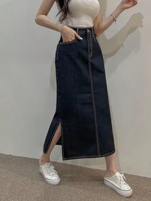 DAZY Rok Denim Panjang Lurus Belahan Belakang Bergaya Retro Serbaguna - Dark Wash - View 1