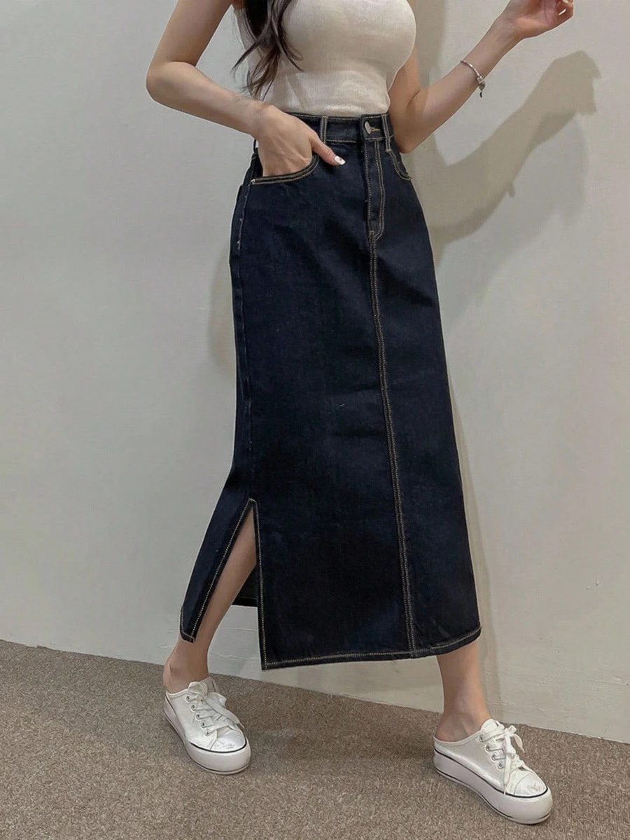 DAZY Rok Denim Panjang Lurus Belahan Belakang Bergaya Retro Serbaguna - Dark Wash - View 1