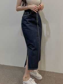 DAZY Rok Denim Panjang Lurus Belahan Belakang Bergaya Retro Serbaguna - Dark Wash - View 6
