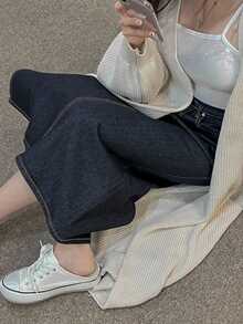 DAZY Rok Denim Panjang Lurus Belahan Belakang Bergaya Retro Serbaguna - Dark Wash - View 5