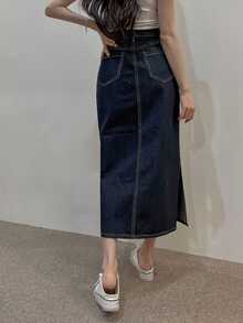 DAZY Rok Denim Panjang Lurus Belahan Belakang Bergaya Retro Serbaguna - Dark Wash - View 2