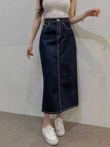 DAZY Rok Denim Panjang Lurus Belahan Belakang Bergaya Retro Serbaguna - Dark Wash - View 3