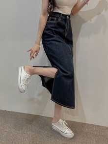 DAZY Rok Denim Panjang Lurus Belahan Belakang Bergaya Retro Serbaguna - Dark Wash - View 4