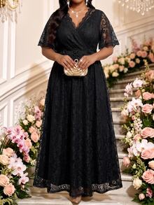 Fleurora Plus Size Solid V-Neck Lace Patchwork Short Sleeve Dress Black Luxury Evening Wedding Guest And Occasion Elegant Formal Dresses Summer - Black - View 5