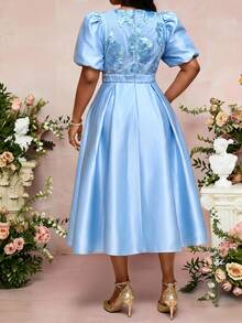 Fleurora Plus Size Women's Jacquard Pleated Casual Formal Elegant Party Evening Wedding Guest Dress Light Blue Summer - Blue - View 3