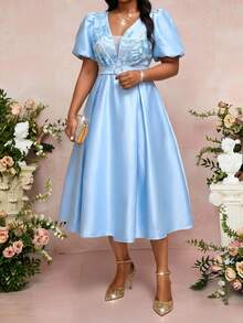 Fleurora Plus Size Women's Jacquard Pleated Casual Formal Elegant Party Evening Wedding Guest Dress Light Blue Summer - Blue - View 4