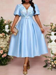 Fleurora Plus Size Women's Jacquard Pleated Casual Formal Elegant Party Evening Wedding Guest Dress Light Blue Summer - Blue - View 5