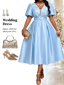 Fleurora Plus Size Women's Jacquard Pleated Casual Formal Elegant Party Evening Wedding Guest Dress Light Blue Summer - Blue - View 2