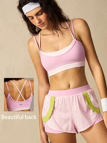VARSIVA Women's Plaid Patchwork 2 In 1 Sports Modest Bra Activewear Gym Light Pink Summer. - Multicolor - View 4