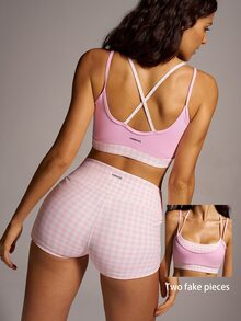 VARSIVA Women's Plaid Patchwork 2 In 1 Sports Modest Bra Activewear Gym Light Pink Summer. - Multicolor - View 3