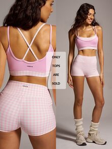 VARSIVA Women's Plaid Patchwork 2 In 1 Sports Modest Bra Activewear Gym Light Pink Summer. - Multicolor - View 2