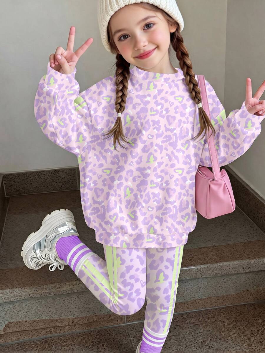 抓絨內裡少女復古甜美多巴胺紫色豹紋拼接運動條紋休閒圓領長袖衛衣與緊身褲2件套,適合秋冬日常通勤、約會、派對、海灘、畢業典禮,時尚休閒優雅度假Y2K外出穿搭 - 彩色 - 查看 1