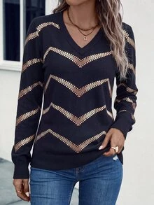 SHEIN LUNE Fashion Casual Basic V-Neck Black Base Gold Print Patchwork Sweatshirt - Multicolor - View 4