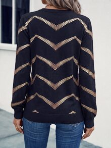 SHEIN LUNE Fashion Casual Basic V-Neck Black Base Gold Print Patchwork Sweatshirt - Multicolor - View 2
