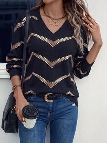 SHEIN LUNE Fashion Casual Basic V-Neck Black Base Gold Print Patchwork Sweatshirt - Multicolor - View 3
