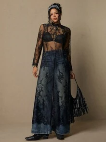 Freevana 大码波西米亚复古风黑色蕾丝连衣裙，优雅百搭，适合日常穿着，也是新款春季派对女装。 - 黑色 - 查看 1