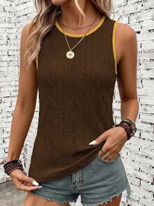 SHEIN LUNE Top de tirantes para mujer con cuello redondo, tela texturizada con estampado, marrón, casual de verano, estilo 70s, básico versátil para vacaciones - Multicolor - Ver 3