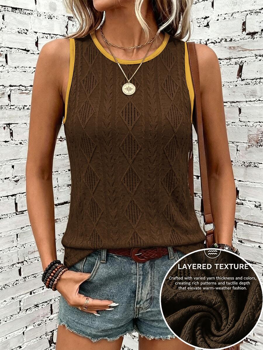SHEIN LUNE Top de tirantes para mujer con cuello redondo, tela texturizada con estampado, marrón, casual de verano, estilo 70s, básico versátil para vacaciones - Multicolor - Ver 1