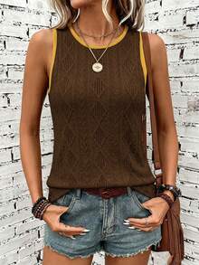 SHEIN LUNE Top de tirantes para mujer con cuello redondo, tela texturizada con estampado, marrón, casual de verano, estilo 70s, básico versátil para vacaciones - Multicolor - Ver 8