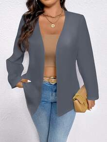 EMERY ROSE Plus Size Women's Solid Color Long Sleeve Open Front Casual Blazer Fall Cloth For Women Autumn - Grey - View 7