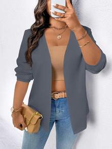EMERY ROSE Plus Size Women's Solid Color Long Sleeve Open Front Casual Blazer Fall Cloth For Women Autumn - Grey - View 3