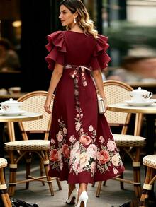 Balvessa Commuter Fashion Elegant Long Floral Print Multi-Layer Ruffle Dress - Dark Red - View 2