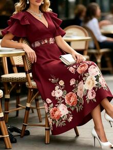 Balvessa Commuter Fashion Elegant Long Floral Print Multi-Layer Ruffle Dress - Dark Red - View 5