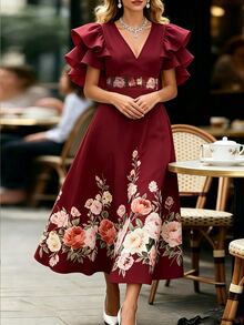 Balvessa Commuter Fashion Elegant Long Floral Print Multi-Layer Ruffle Dress - Dark Red - View 4