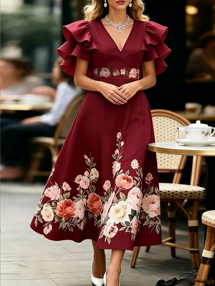 Balvessa Commuter Fashion Elegant Long Floral Print Multi-Layer Ruffle Dress - Dark Red - View 4