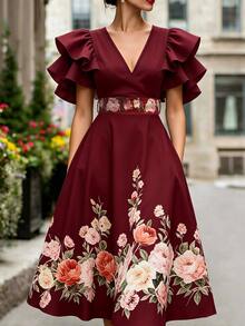 Balvessa Commuter Fashion Elegant Long Floral Print Multi-Layer Ruffle Dress - Dark Red - View 1