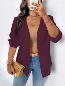 EMERY ROSE Blazer minimalista y casual de unicolor talla grande, apropiado para ir al trabajo - Burdeos - Ver 10