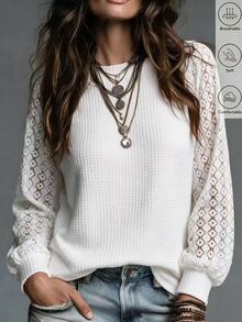 SHEIN Holidaya Women's Solid Color Casual Boho Elegant Versatile Daily Long Sleeve T-Shirt Brunch White Autumn - Beige - View 4