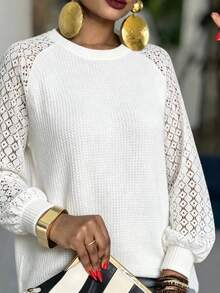 SHEIN Holidaya Women's Solid Color Casual Boho Elegant Versatile Daily Long Sleeve T-Shirt Brunch White Autumn - Beige - View 1