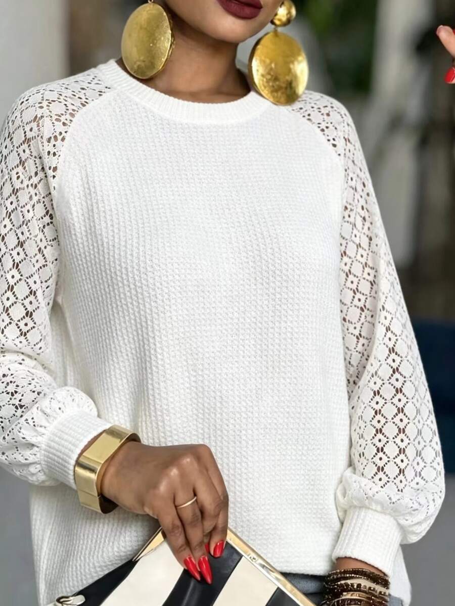 SHEIN Holidaya Women's Solid Color Casual Boho Elegant Versatile Daily Long Sleeve T-Shirt Brunch White Autumn - Beige - View 1