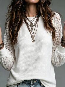 SHEIN Holidaya Women's Solid Color Casual Boho Elegant Versatile Daily Long Sleeve T-Shirt Brunch White Autumn - Beige - View 6