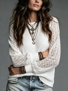 SHEIN Holidaya Women's Solid Color Casual Boho Elegant Versatile Daily Long Sleeve T-Shirt Brunch White Autumn - Beige - View 5