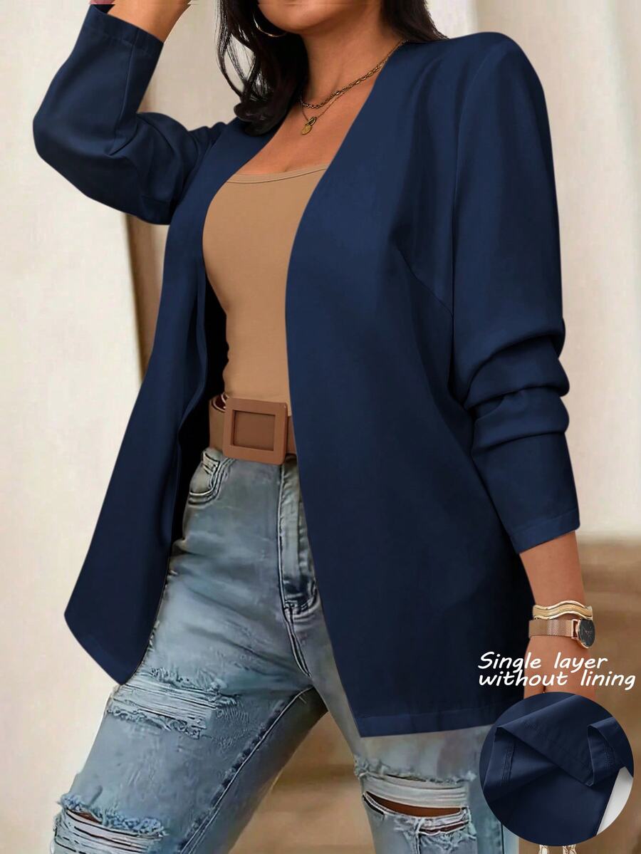 EMERY ROSE 大码纯色七分袖常规肩休闲工作西装外套 - 藏蓝色 - 查看 1