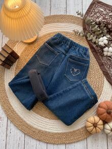 DAZY Tween Girl Thermal Lined Loose Straight Leg Washed Casual Denim Jeans, Autumn/Winter - Dark Wash - View 8