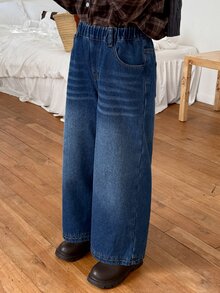 DAZY Tween Girl Thermal Lined Loose Straight Leg Washed Casual Denim Jeans, Autumn/Winter - Dark Wash - View 4
