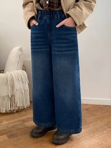 DAZY Tween Girl Thermal Lined Loose Straight Leg Washed Casual Denim Jeans, Autumn/Winter - Dark Wash - View 6