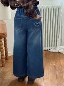 DAZY Tween Girl Thermal Lined Loose Straight Leg Washed Casual Denim Jeans, Autumn/Winter - Dark Wash - View 3