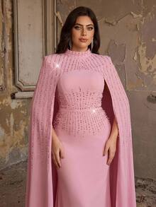 Aureia Plus Size Elegant Romantic Fashionable Modest Pink Satin Slight Stretch Rhinestone Decor Mermaid Hem Party Formal Dinner Wedding Guest Dress - Pink - View 3