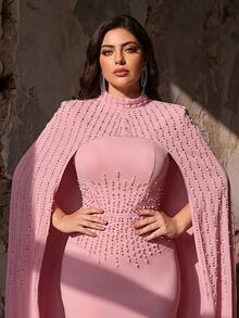 Aureia Plus Size Elegant Romantic Fashionable Modest Pink Satin Slight Stretch Rhinestone Decor Mermaid Hem Party Formal Dinner Wedding Guest Dress - Pink - View 5