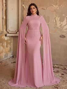 Aureia Plus Size Elegant Romantic Fashionable Modest Pink Satin Slight Stretch Rhinestone Decor Mermaid Hem Party Formal Dinner Wedding Guest Dress - Pink - View 4
