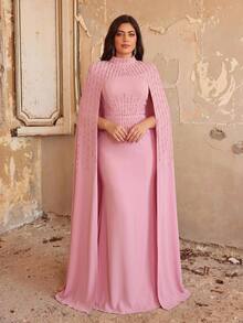 Aureia Plus Size Elegant Romantic Fashionable Modest Pink Satin Slight Stretch Rhinestone Decor Mermaid Hem Party Formal Dinner Wedding Guest Dress - Pink - View 2